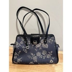 Vintage Brighton Blue Rose Tapestry Canvas Large Purse Handbag Leather Handles